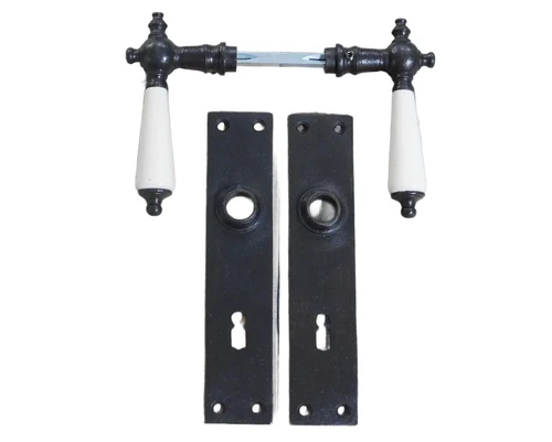 Set of door hardware - antique iron dark brown - with porcelain handles - for room doors
