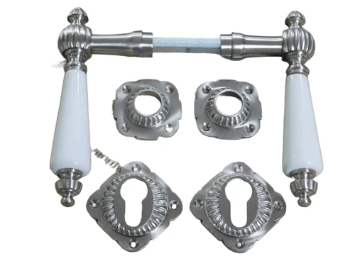 Set of door hardware - cylinder lock suitable - matt nickel with white porcelain handles