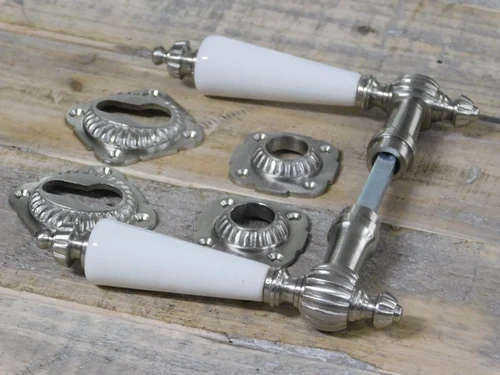 Set of door hardware - cylinder lock suitable - matt nickel with white porcelain handles