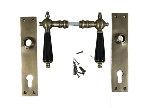 Set of door hardware - patinated brass - door plates and handles with ceramic handles