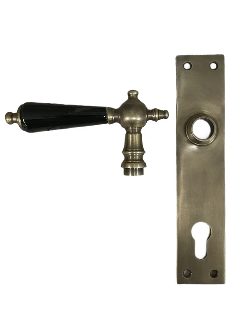 Set of door hardware - patinated brass - door plates and handles with ceramic handles