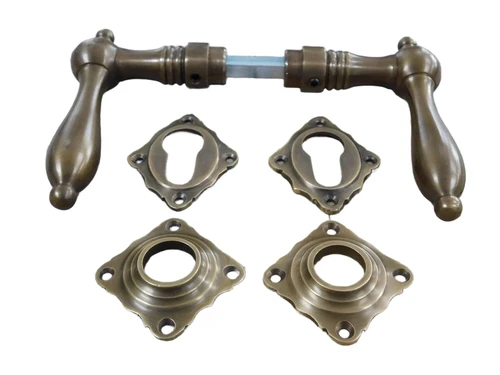 Set of door hardware - patinated brass - for cylinder lock