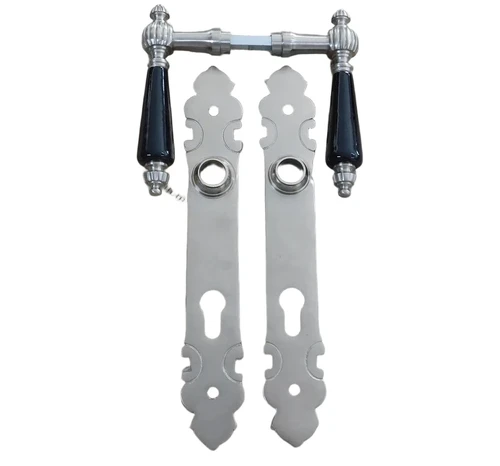 Set of door hardware - matt nickel - ceramic handles black + long plates front door PZ92