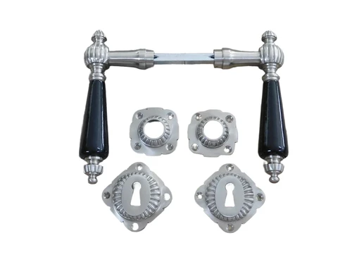 Set of door hardware - nickel - with black porcelain handles