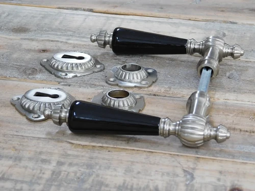 Set of door hardware - nickel - with black porcelain handles