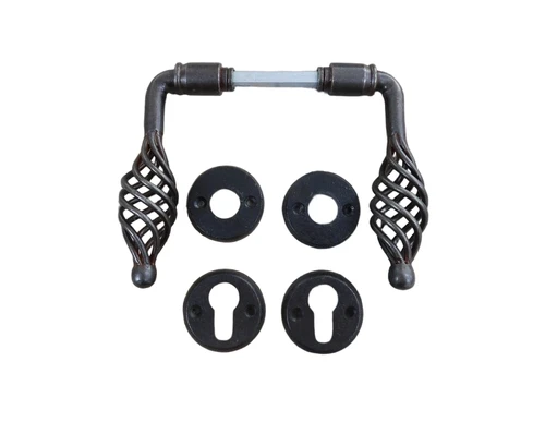 Set of door hardware antique iron - 2 handles , 2 lock rosettes , 2 latch rosettes - PZ for cylinder lock