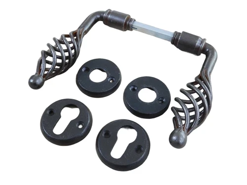 Set of door hardware antique iron - 2 handles , 2 lock rosettes , 2 latch rosettes - PZ for cylinder lock