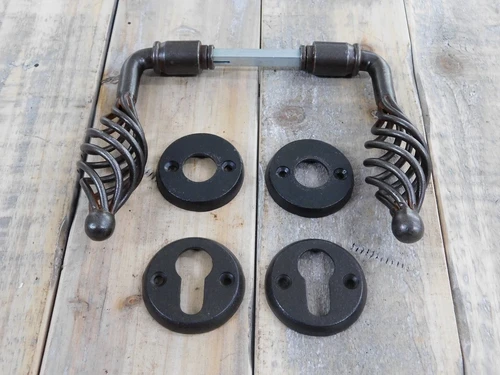 Set of door hardware antique iron - 2 handles , 2 lock rosettes , 2 latch rosettes - PZ for cylinder lock