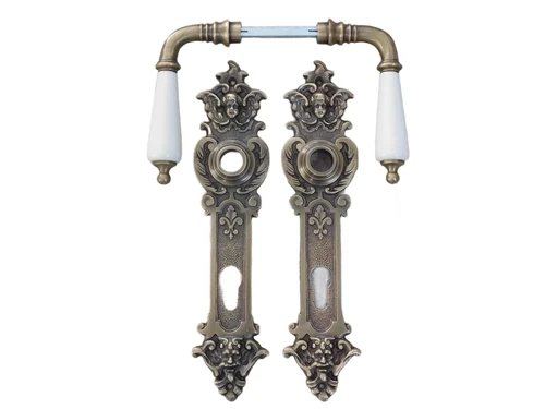 Set deurbeslag messing, antiek- deurplaten zeer decoratief met engelen - klinken met porseleinen grepen.