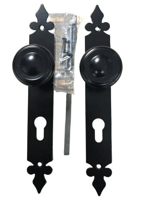Set of door furniture for the front door, beautiful wrought iron, black, consisting of 2 doorknobs and 2 long door plates, PZ 92!
