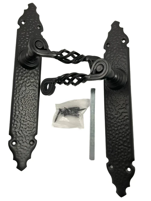 Set of front door hardware, beautiful wrought iron, black, closed door plate.