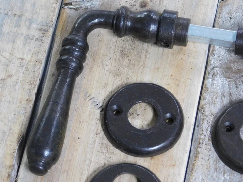 Set of door handles with matching latch and lock roses - antique iron BROWN