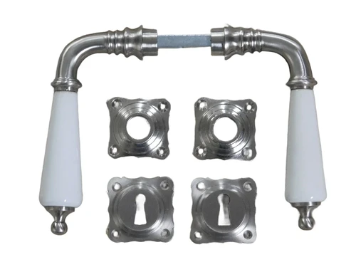 Set deurklinken met wit porseleinen handvat, satijn nikkel, plus 2 klinkrozetten diamant + 2 sleutelgat rozetten diamant