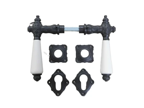 Set Deurkrukken met handvat keramische in antiek wit, 2 knoppen, rozetten, 2-kasteel rozetten PZ, deur, ijzer bruin