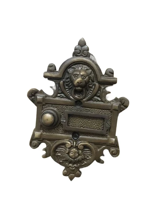 Deurbel met leeuw en zon, Art Nouveau stijl, gepatineerd messing