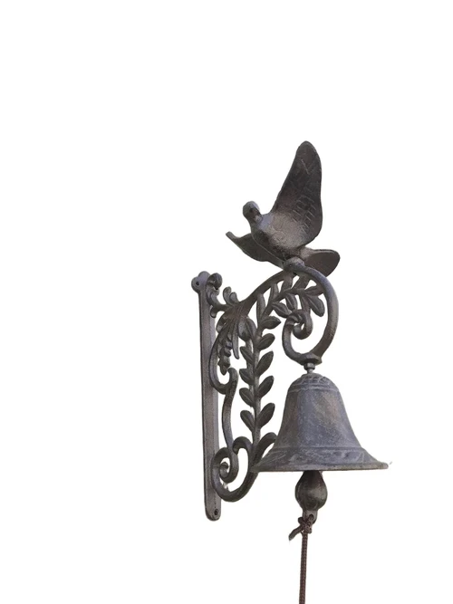 Een sierlijke deurbel met een vogel erop, gemaakt van gietijzer
