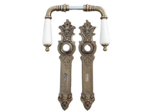 Set of door handles with long plates PZ 72 - patinated brass - handles made of porcelain