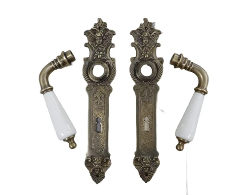 Set of door handles with long plates PZ 72 - patinated brass - handles made of porcelain