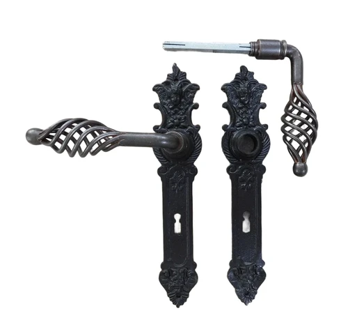 Set of door handles ui with 2 long door plates angels - for room doors BB, 2 Castle rosettes - dark brown iron