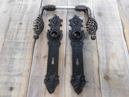 Set of door handles ui with 2 long door plates angels - for room doors BB, 2 Castle rosettes - dark brown iron
