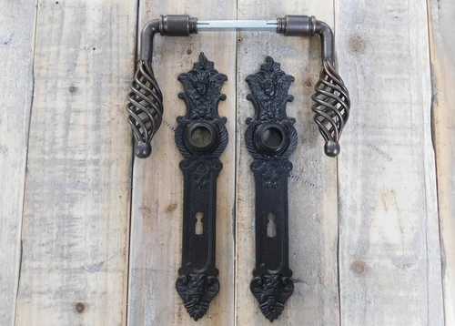 Set of door handles ui with 2 long door plates angels - for room doors BB, 2 Castle rosettes - dark brown iron