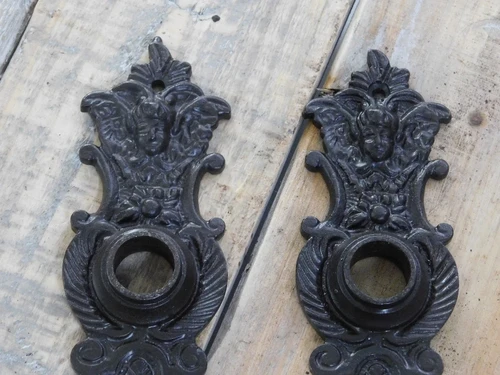 Set of door handles ui with 2 long door plates angels - for room doors BB, 2 Castle rosettes - dark brown iron