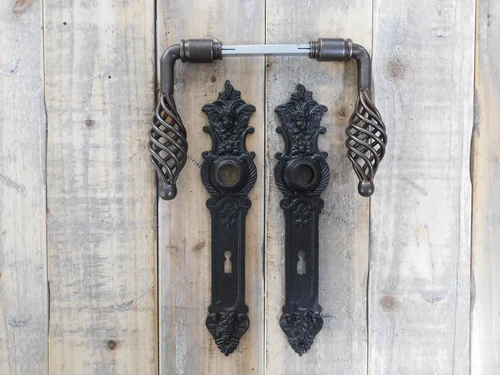 Set of door handles ui with 2 long door plates angels - for room doors BB, 2 Castle rosettes - dark brown iron
