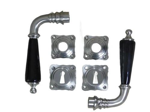 Set deurklinken, nikkel mat, met zwart porseleinen handvat incl. doorn 8 mm x 10 cm, 2 klink rozetten, 2 sleutelgat rozetten
