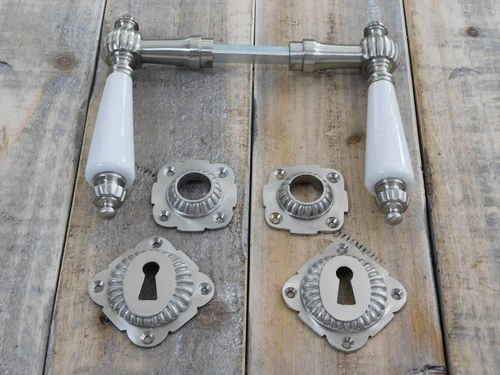 Set of retro door hardware - nickel - with porcelain handles