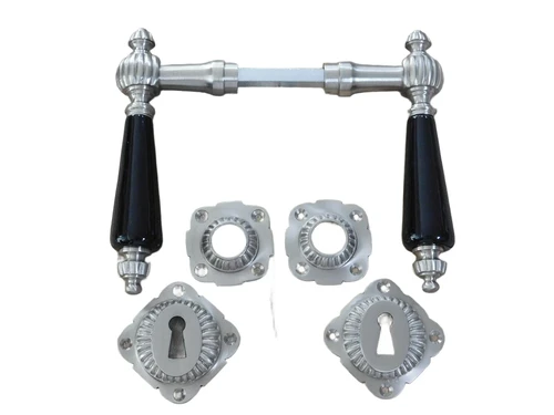 Set of retro door hardware - nickel - with black porcelain handles