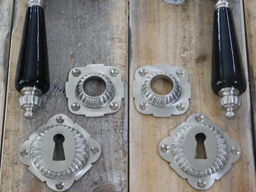 Set of retro door hardware - nickel - with black porcelain handles