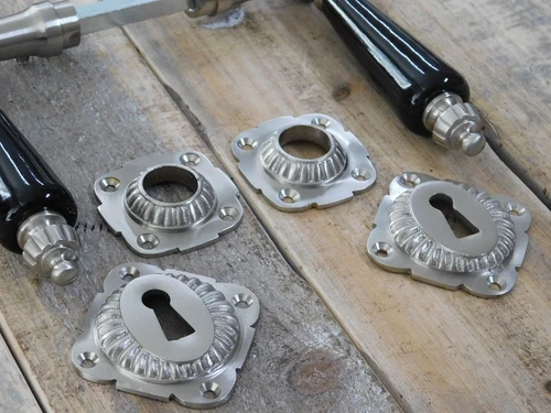 Set of retro door hardware - nickel - with black porcelain handles
