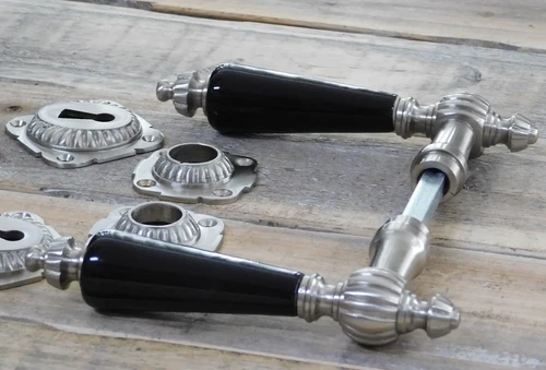 Set of retro door hardware - nickel - with black porcelain handles