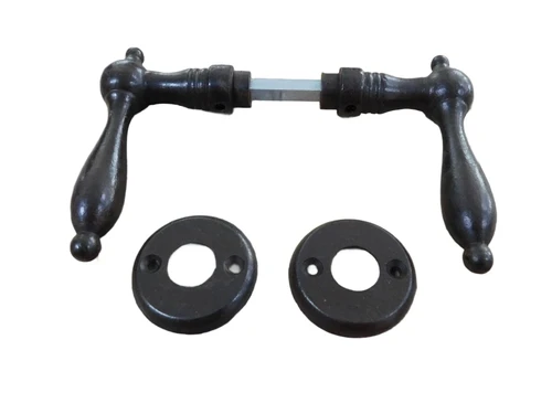 Door hardware set, 2 door handles, 2 rosettes and a mandrel, dark brown
