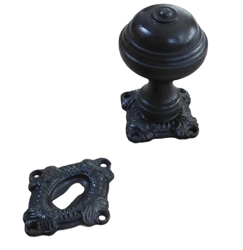 Door knob with two rosettes - door knob, knob rosette and lock rosette - antique iron, dark brown