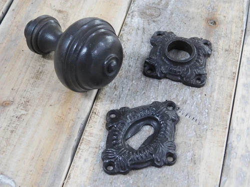 Door knob with two rosettes - door knob, knob rosette and lock rosette - antique iron, dark brown