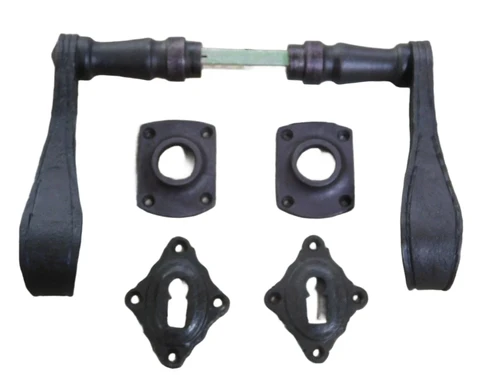 Beautiful hand-forged door set, wrought iron robust design, chamber door hardware., dark brown