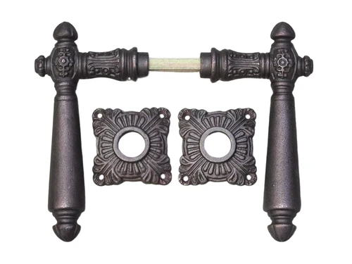 Set of door handles - including rosettes - iron - red/brown rusted