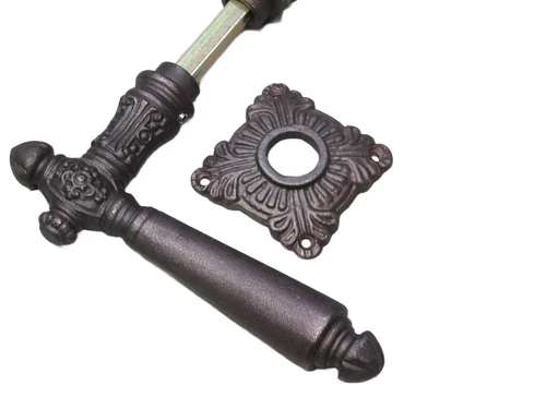 Set of door handles - including rosettes - iron - red/brown rusted