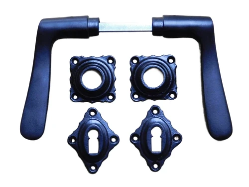 Set of Door Handles with Square Backplates and BB Lock Cylinder Backplates - Black