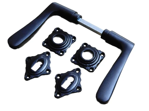 Set of Door Handles with Square Backplates and BB Lock Cylinder Backplates - Black