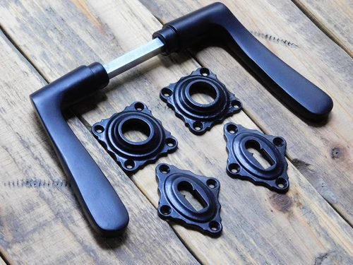Set of Door Handles with Square Backplates and BB Lock Cylinder Backplates - Black