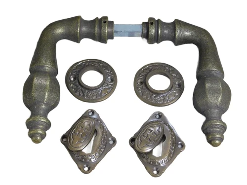 Set of door hardware Kanone - antique brass - handles, rosettes and mandrel