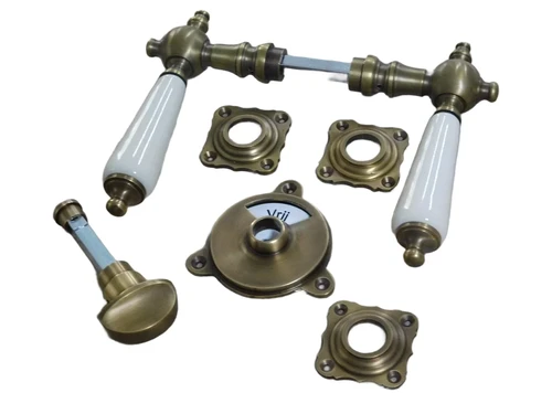 Brass door hardware, door lock for guest bathroom with porcelain handle - antique look.