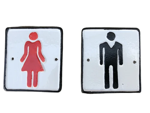 Set of signs for toilet door, cast iron painted, Man + Woman