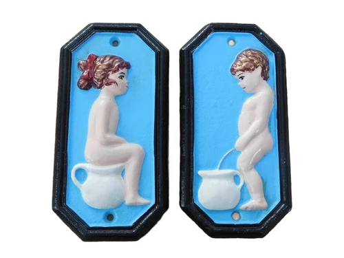Set van tekens voor de wc-deur, gietijzer geschilderd, Man Vrouw