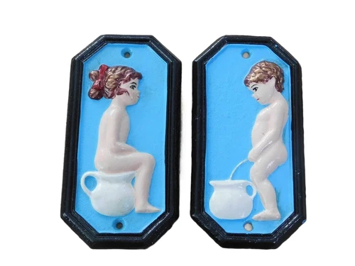 Set van tekens voor de wc-deur, gietijzer geschilderd, Man Vrouw