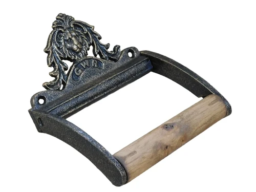 Toiletrolhouder, gepatineerd messing en hout