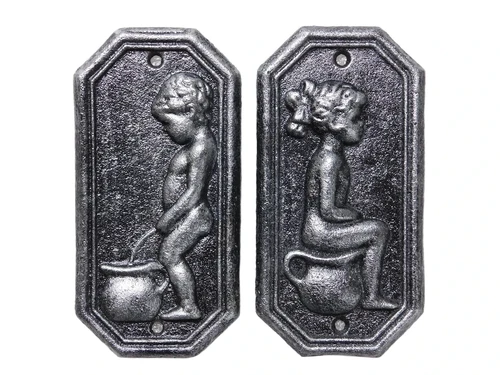 Cast Iron Toilet Signs Man & Woman – Set of 2 in Old Silver Look