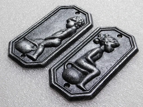 Cast Iron Toilet Signs Man & Woman – Set of 2 in Old Silver Look
